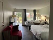 Looking into the room and out at the balcony