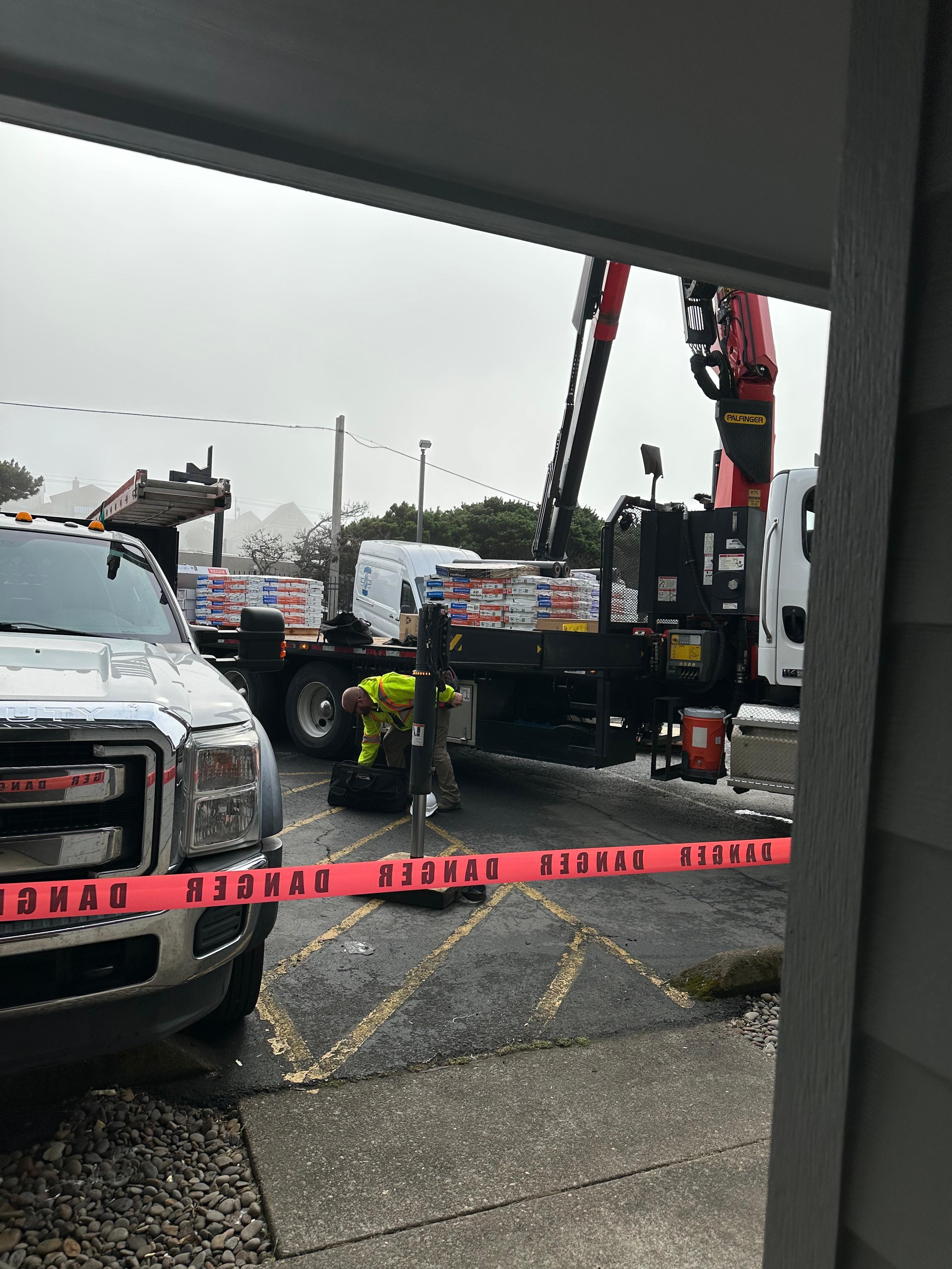 From our doorway.  Caution take blocking and truck delivering shingles blocked access and condo and departure from parking lot.