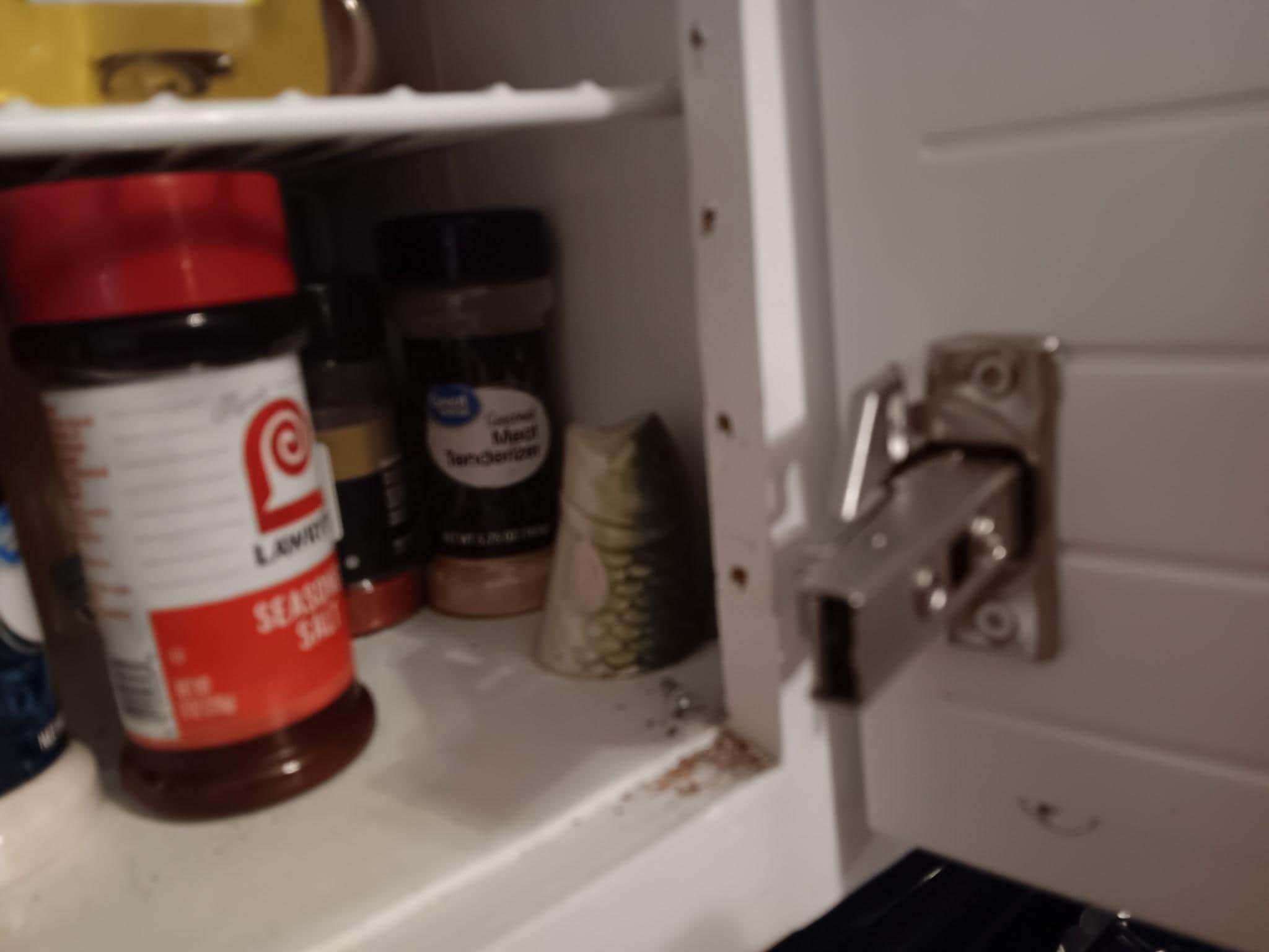 Dirty kitchen cabinets with broken hinges.