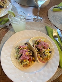 One of the many delicious meals prepared in the well equipped kitchen.