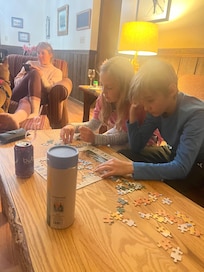 The grandchildren and my daughter relaxing after a long day of skiing.