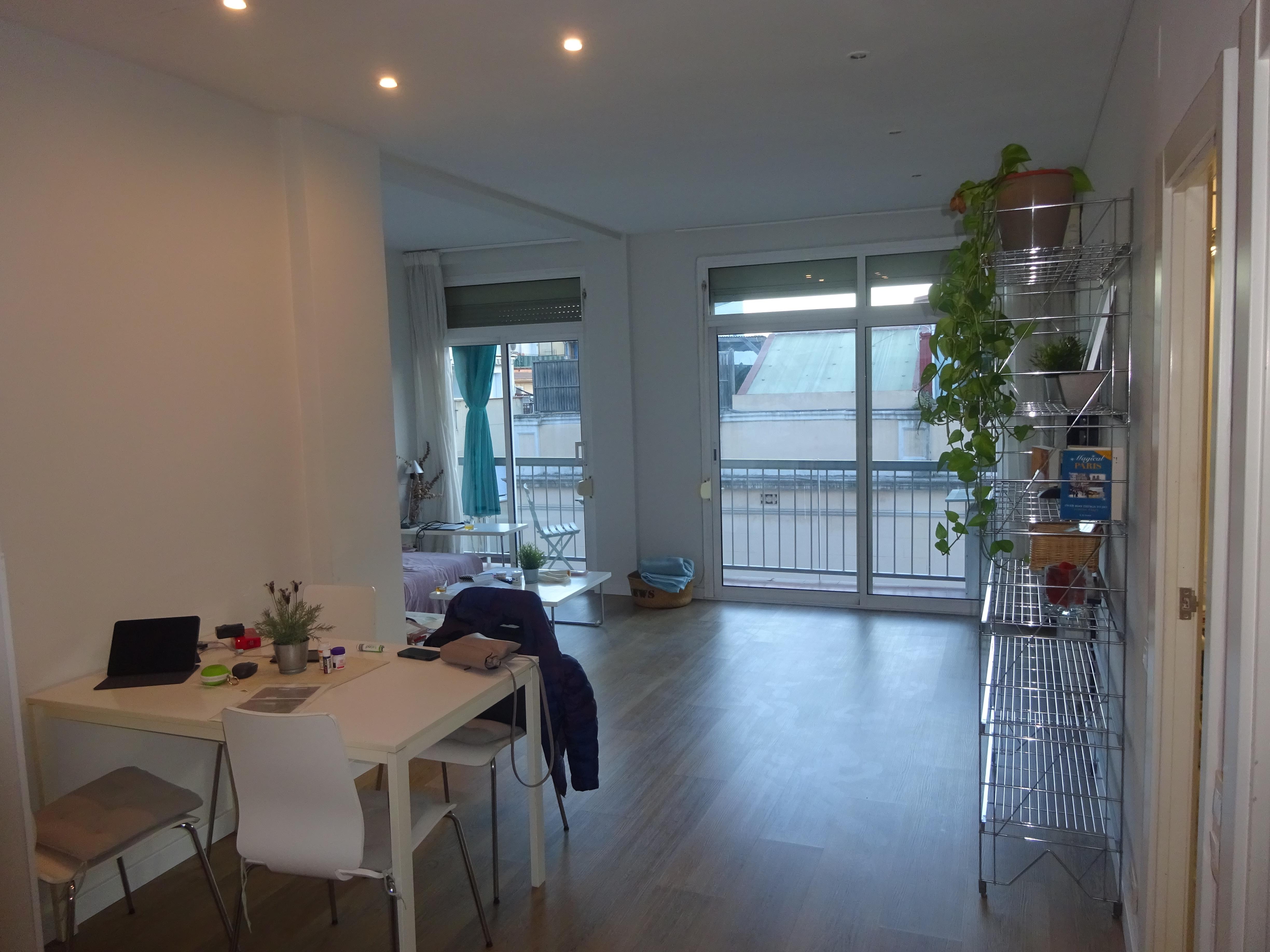 Dining and living areas looking toward the front of the apartment