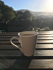 Having a morning brew sat on the patio bench .