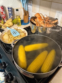 Rental was stock with enough cooking pot and pans we had a full course meal. Off the pier.