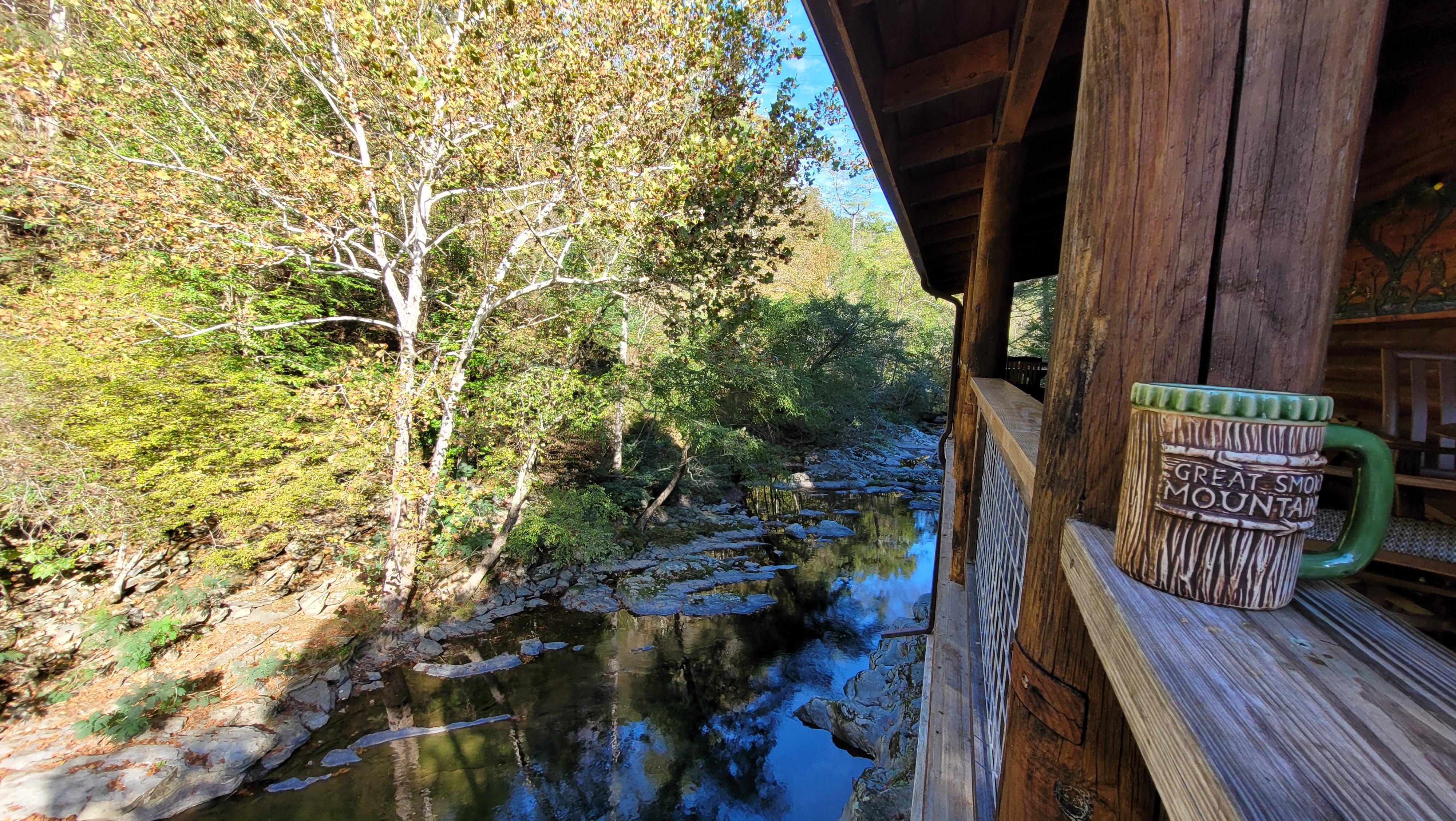 Morning coffee from upper balcony looking down river