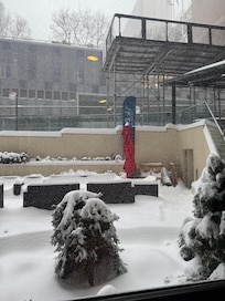 View of outdoor patio during snow storm.