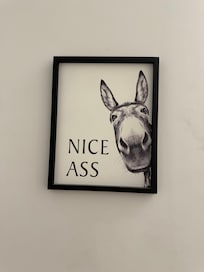 Picture over the toilet in bathroom.