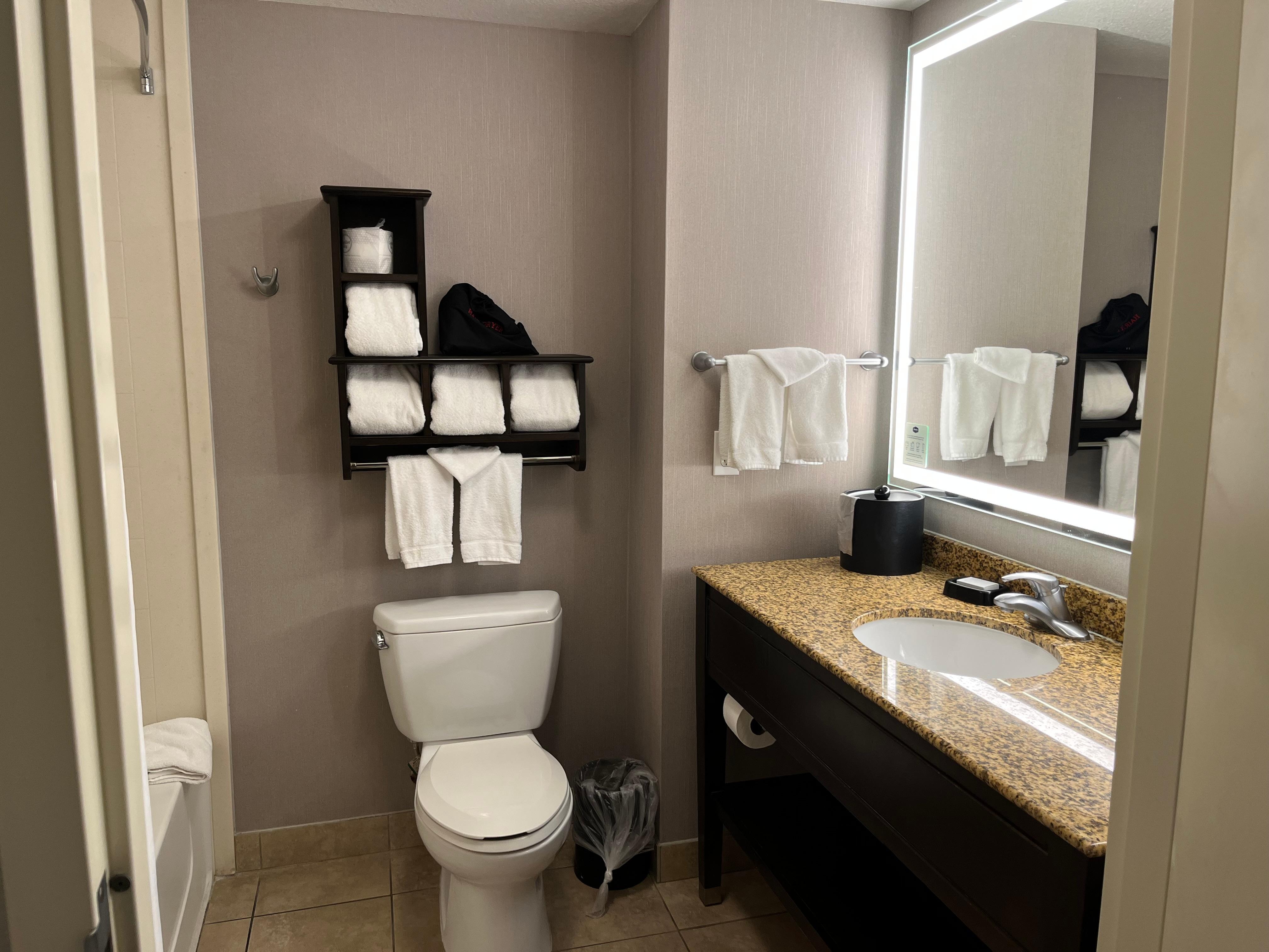 Bathroom is clean, but can hear the sound of toilet clicking occasionally and hear the shower running from neighbor.