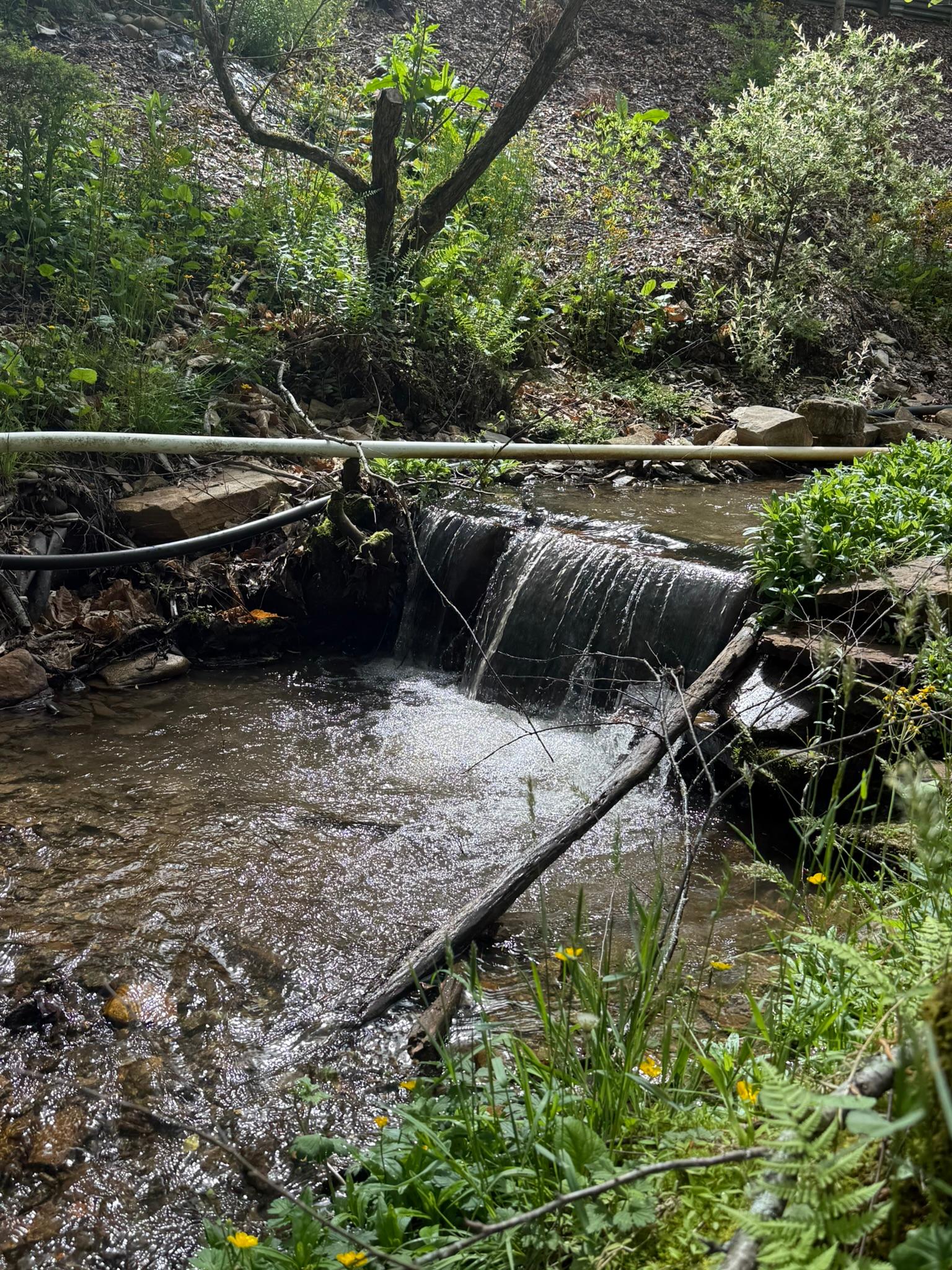 Small waterfall beside fire pit 