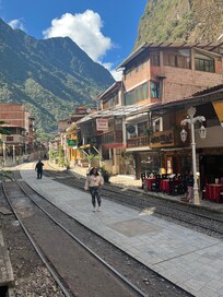 The train run in from of the hotel