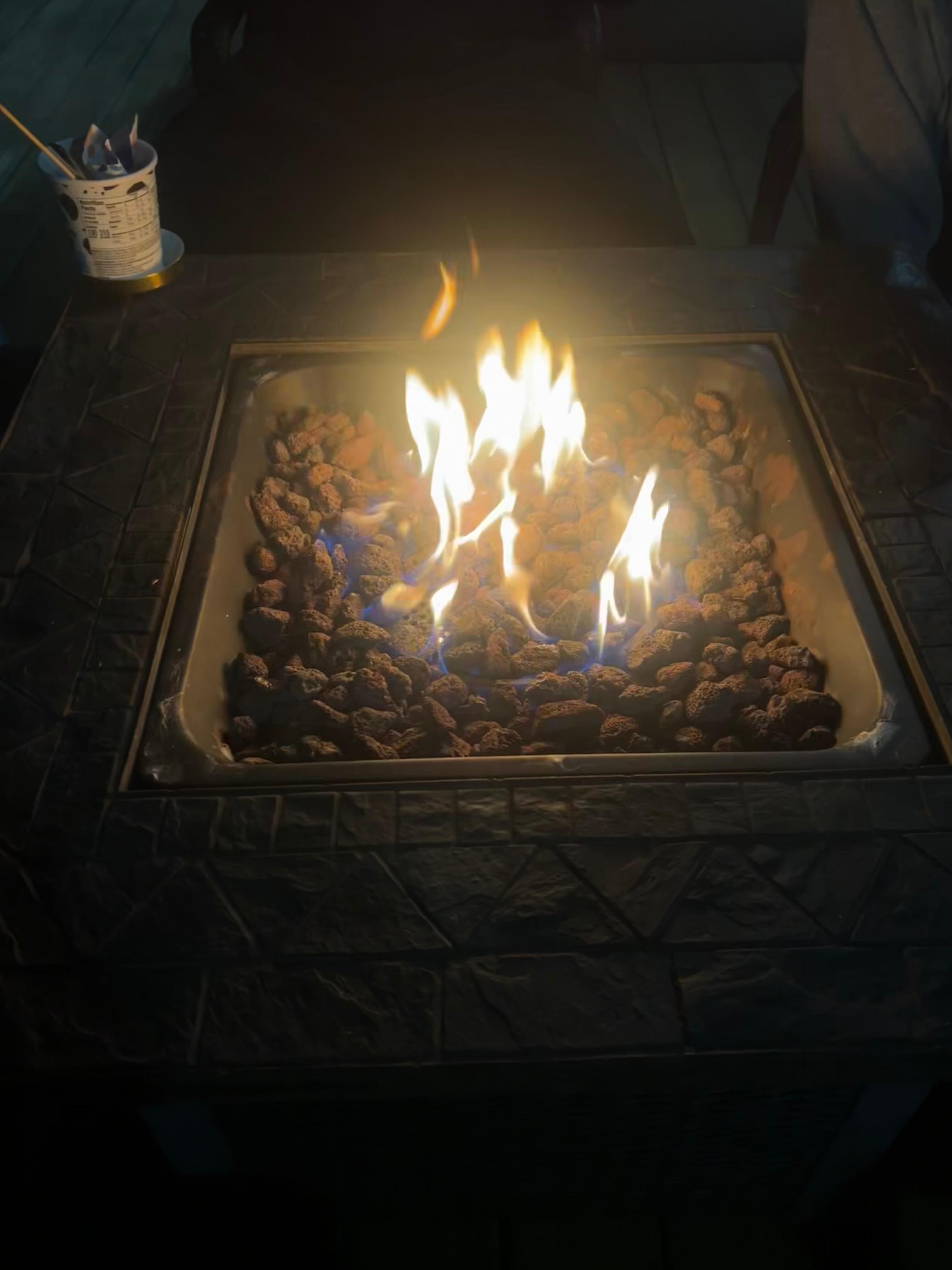 Propane fireplace on back porch