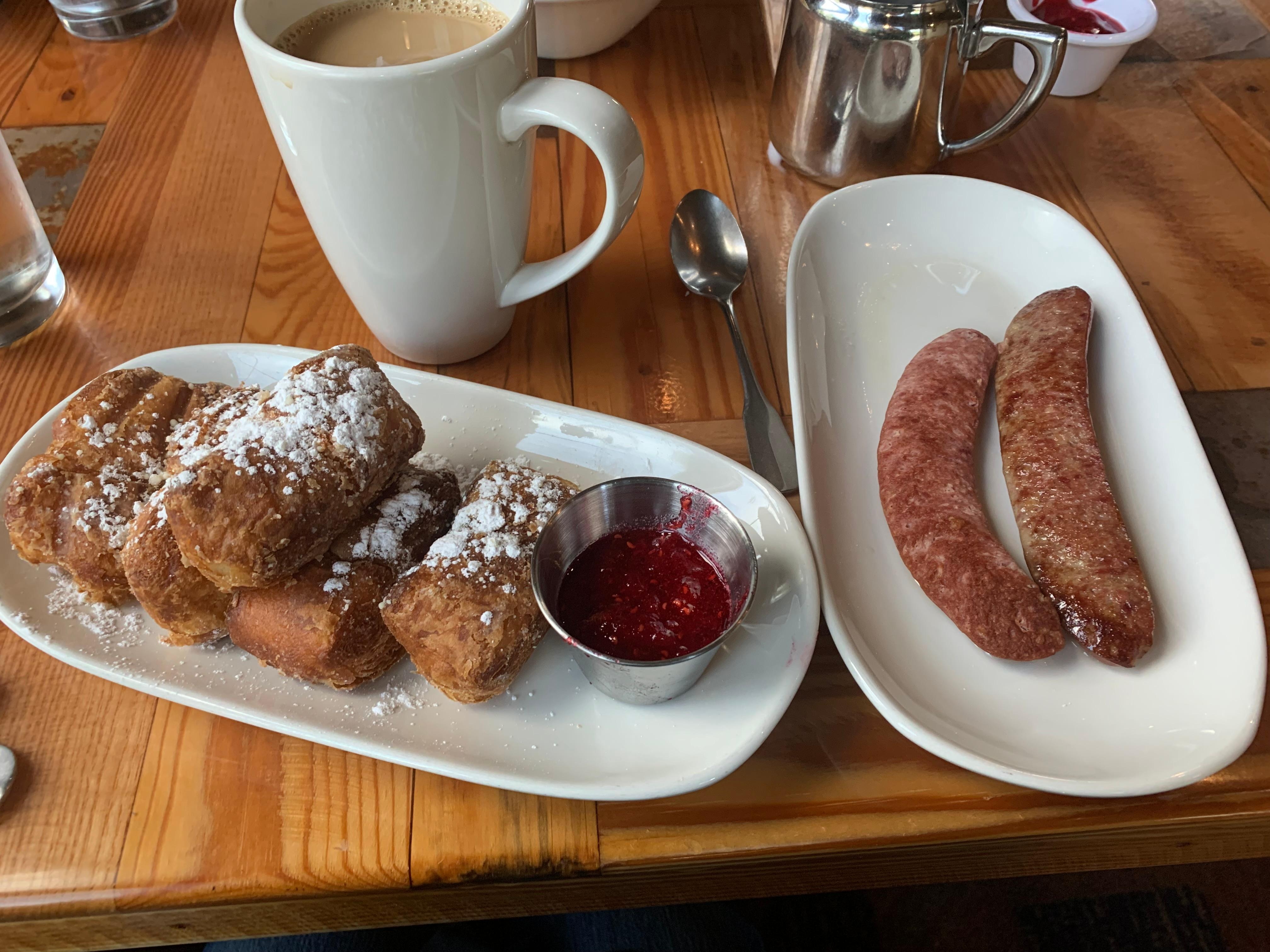 Beignets and reindeer sausage for breakfast at 20,300 Alaskan Grill restaurant.