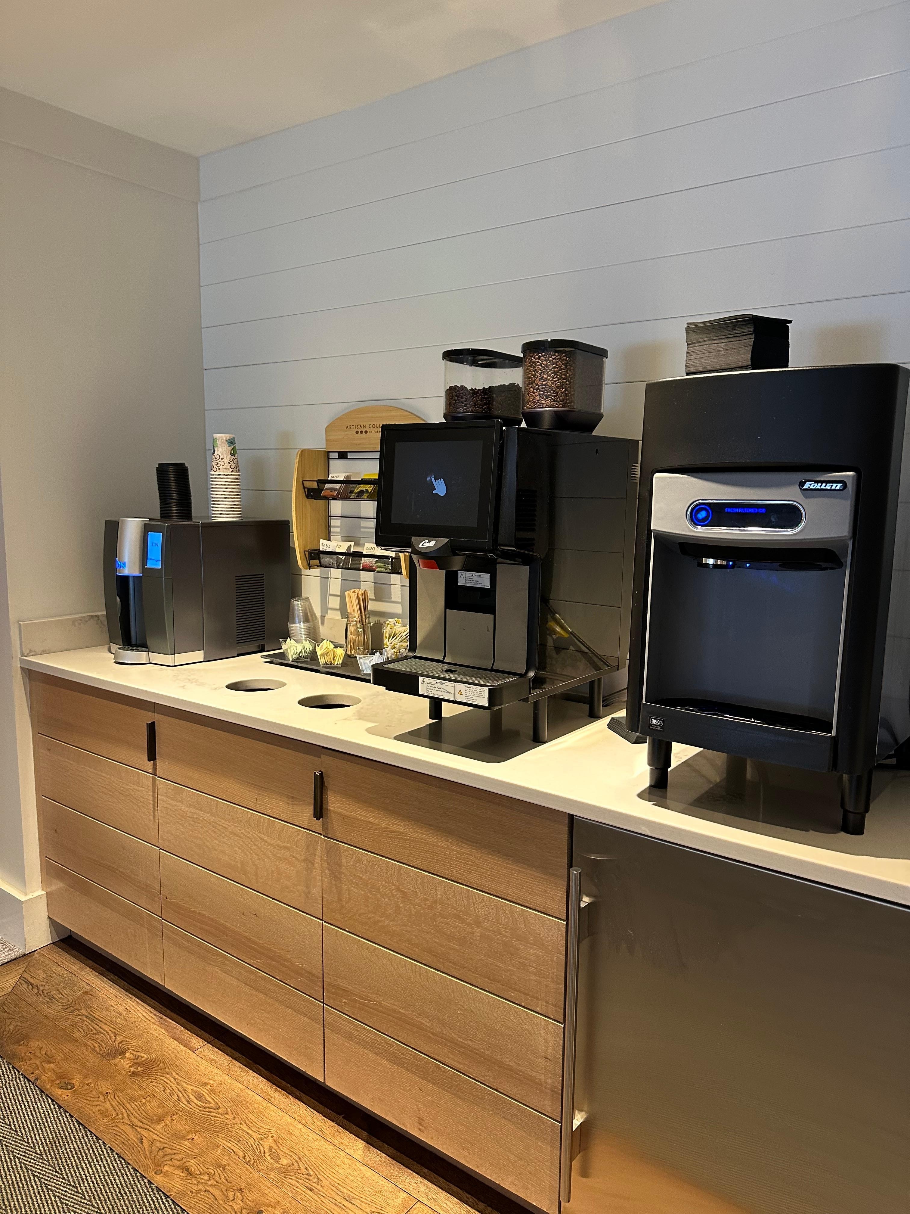 The coffee station on each floor with expansive offerings.