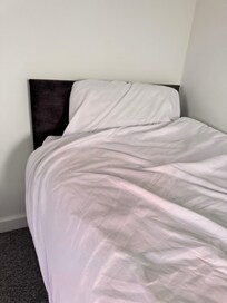Synthetic, cheap bedding - one pillow (unlike photos host uploaded)