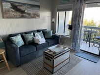 Living room pull out sofa and binoculars