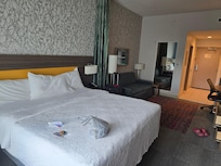 King size bed has a curtain you can pull to block the bed area off from the living room/couch/tv area