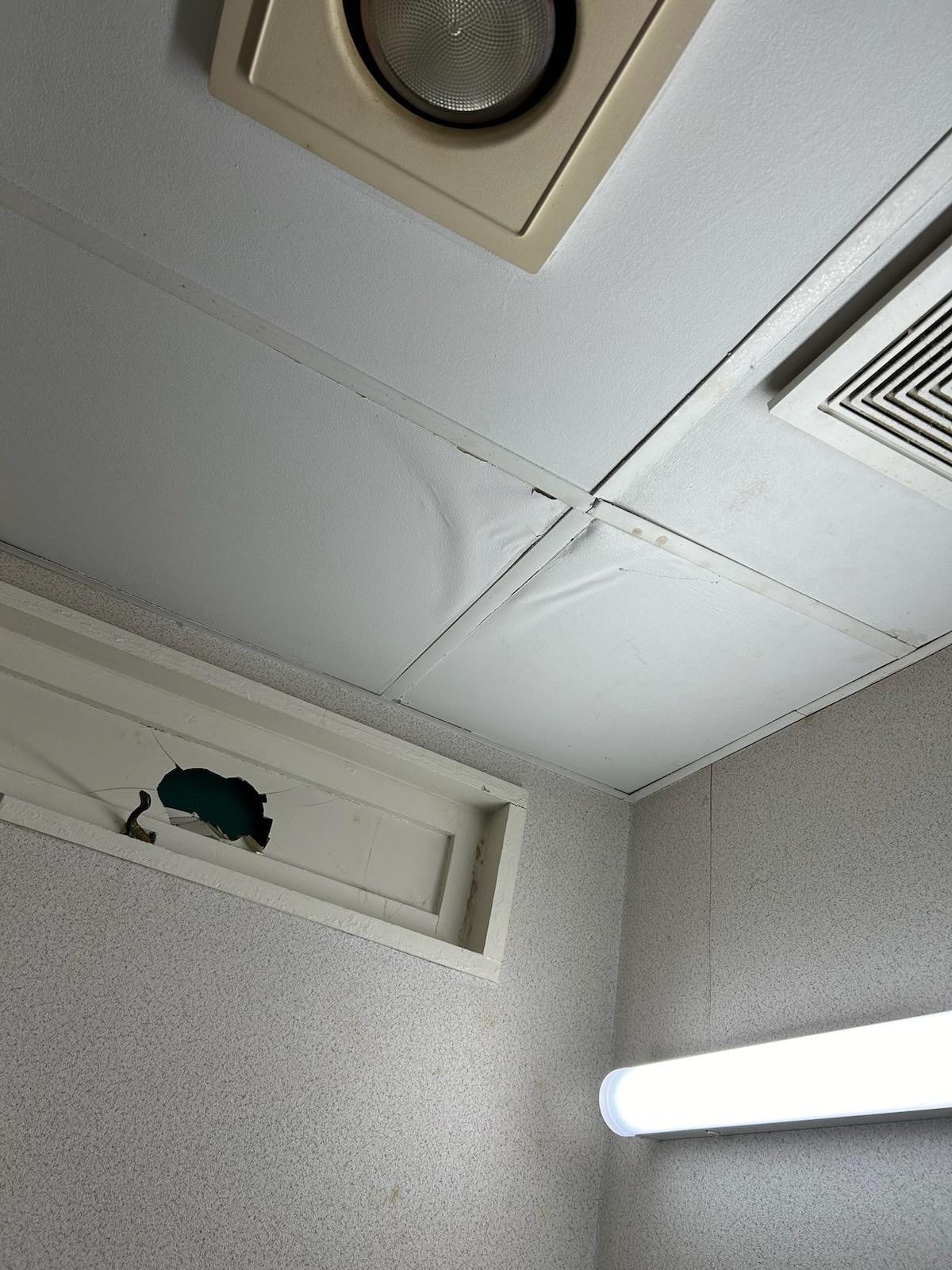 Bathroom window has a hoke in it