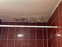Peeling paint above bathtub.