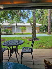 Lugar de desayuno con vista a la naturaleza y unas liebres