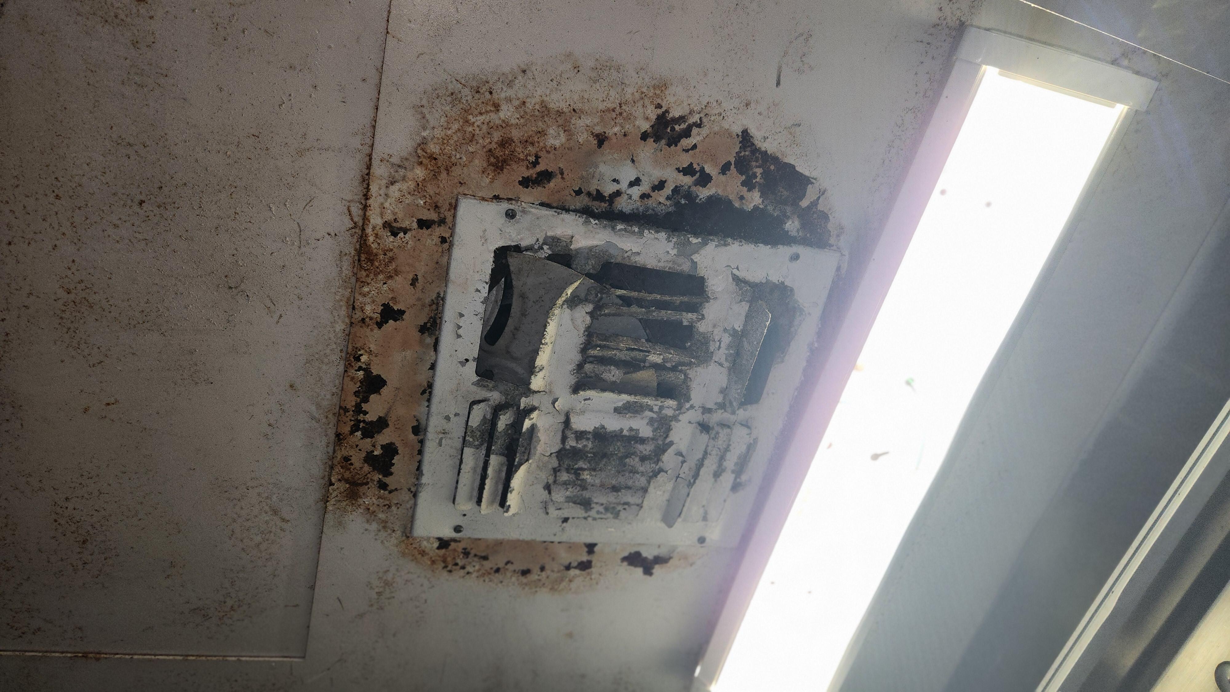 Vent in the elevator approximately 8 ft in the air..almost falling off.