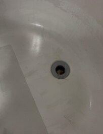 dirty bathroom, hair everywhere