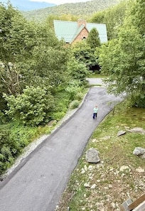 view of driveway and Moonlight Trail from porch.