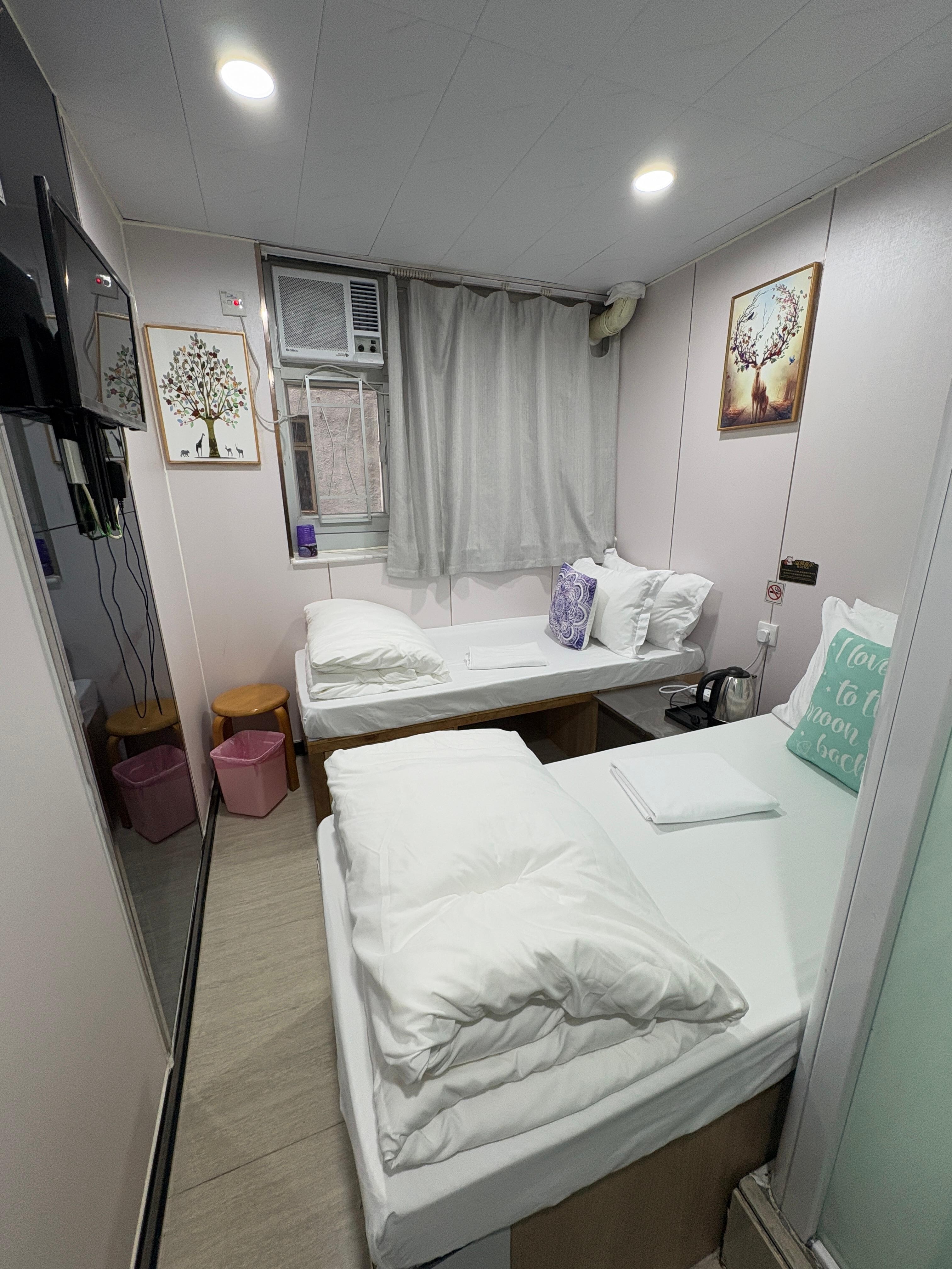 Very small room, but decently clean. Beds are the shortest I have used since a child. Feet hung off if I didn't scoot up to the wall.