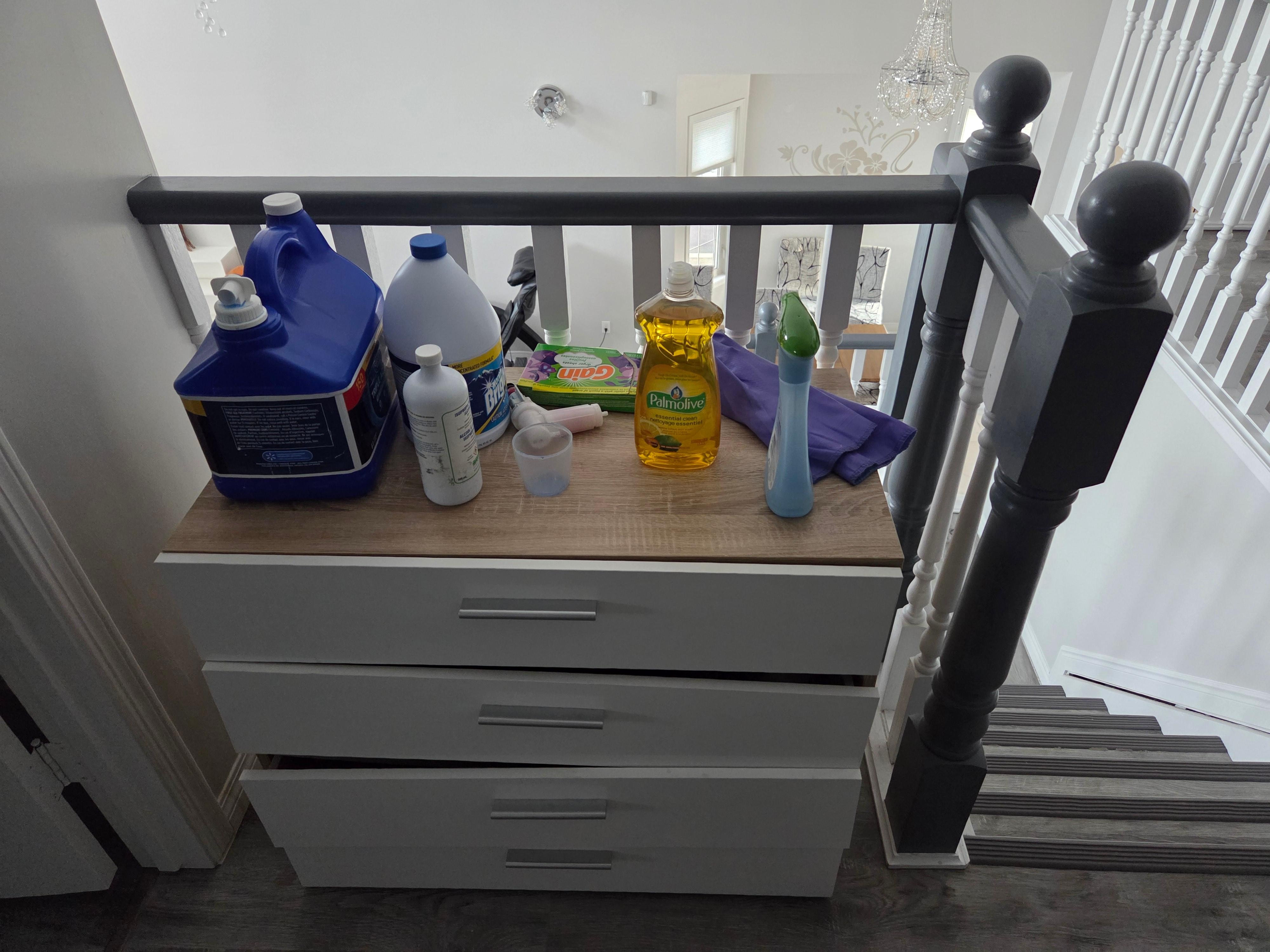 Cleaning supplies left out. Glad we had no little children find them first!