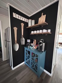 Drip coffee maker and Keurig, plenty of coffee supplied.