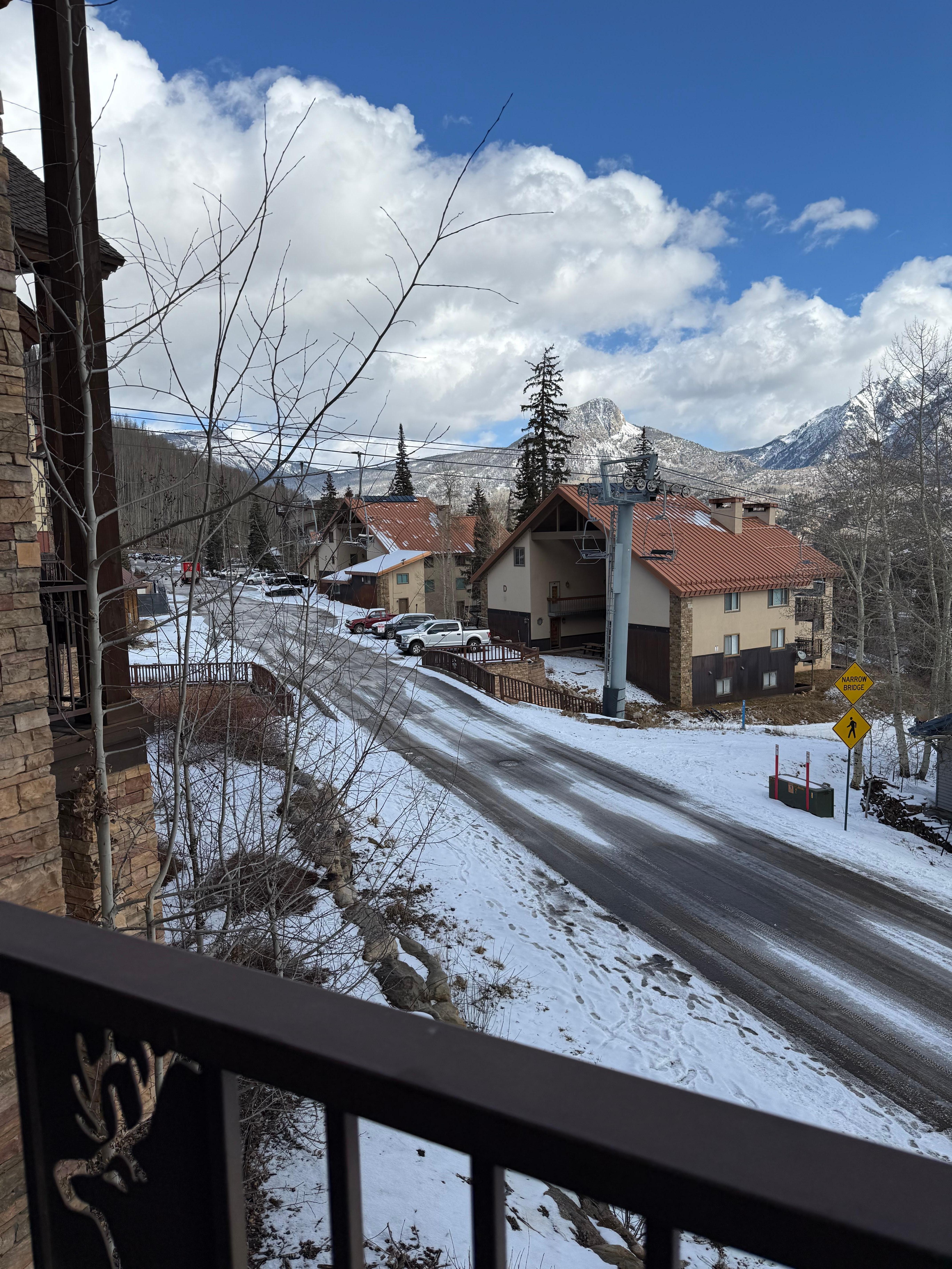 Looking out the balcony to the lift . 