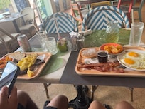 Pancake potatoes eggs and bacon.