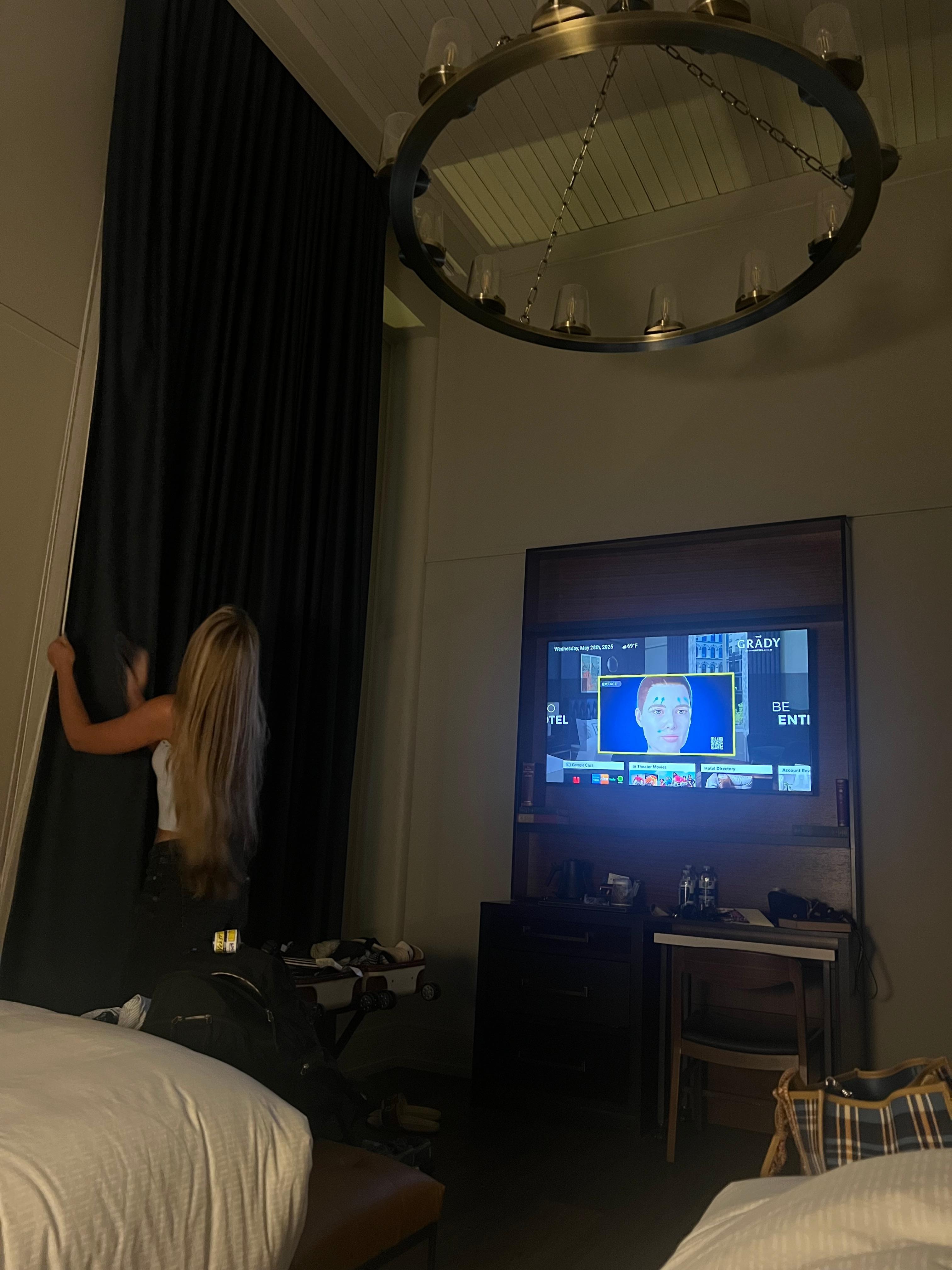 Gorgeous window and chandelier in our room.