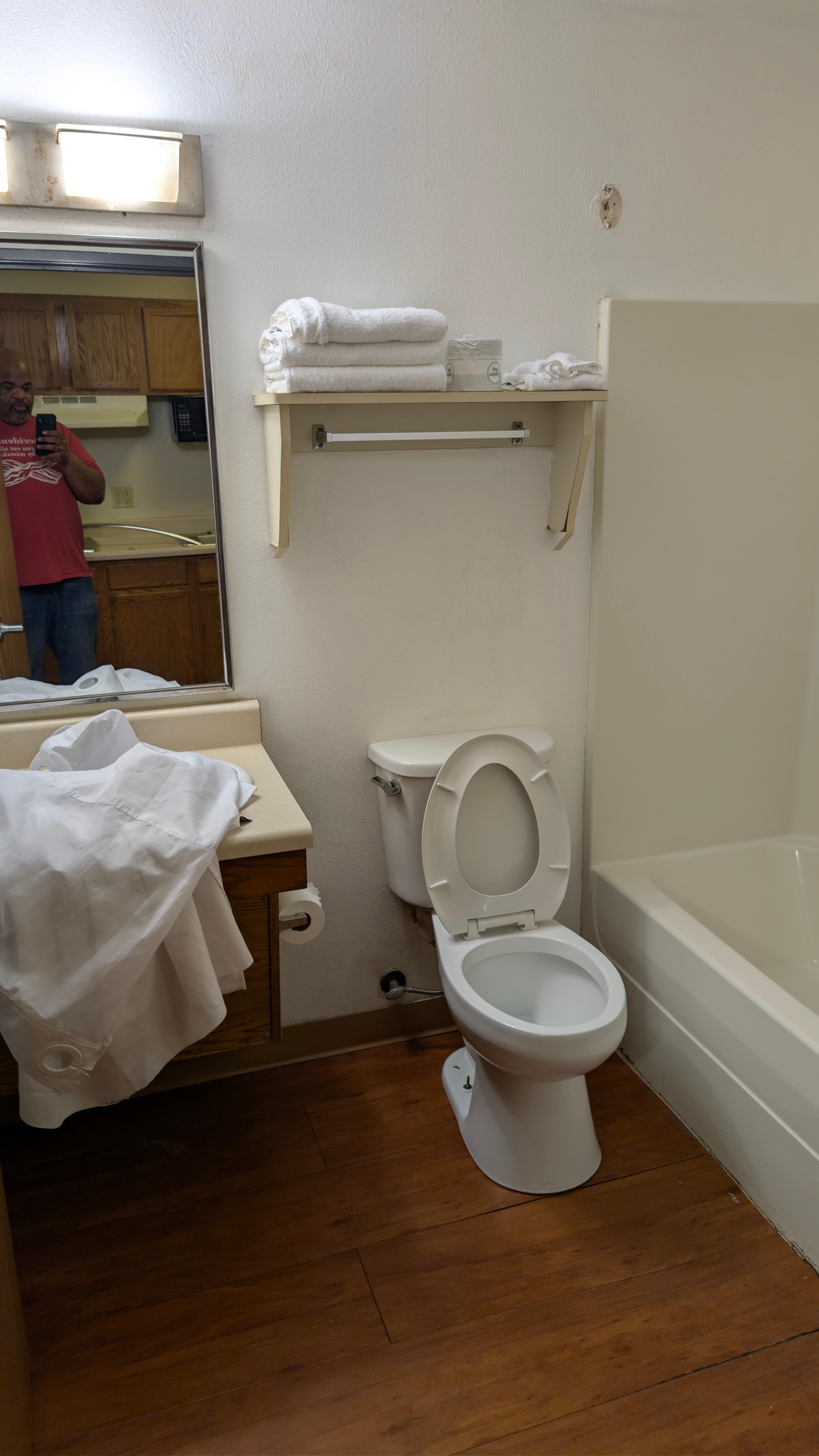 The shower curtain in the bathroom sink, and soft spot in front of the toilet that felt like I might fall through