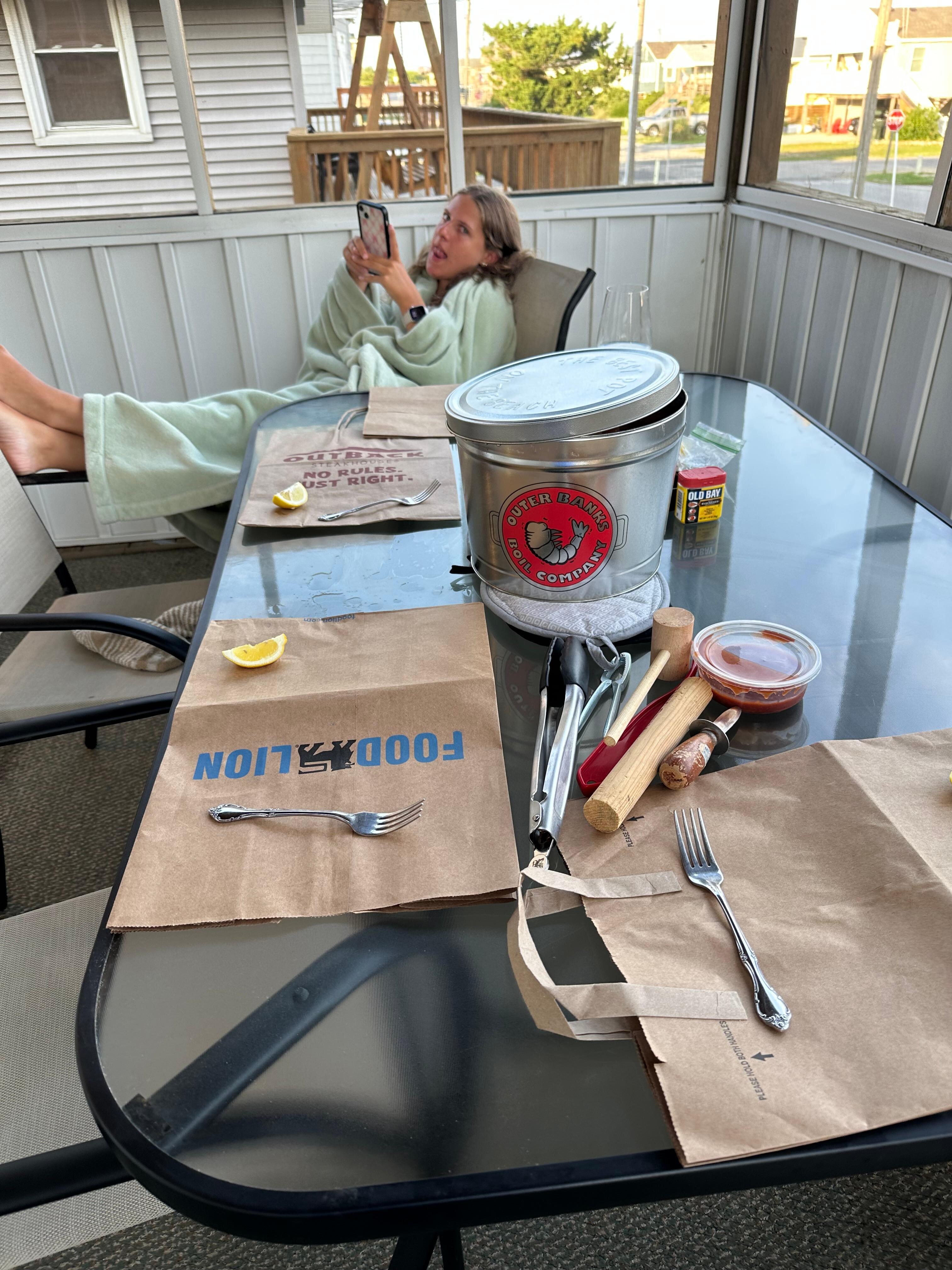 Low country boil in the screened in porch