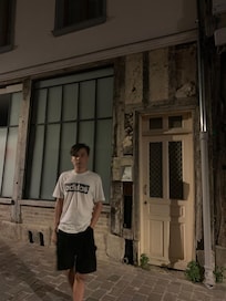 One of my children standing outside the hotel, after we couldnt get in