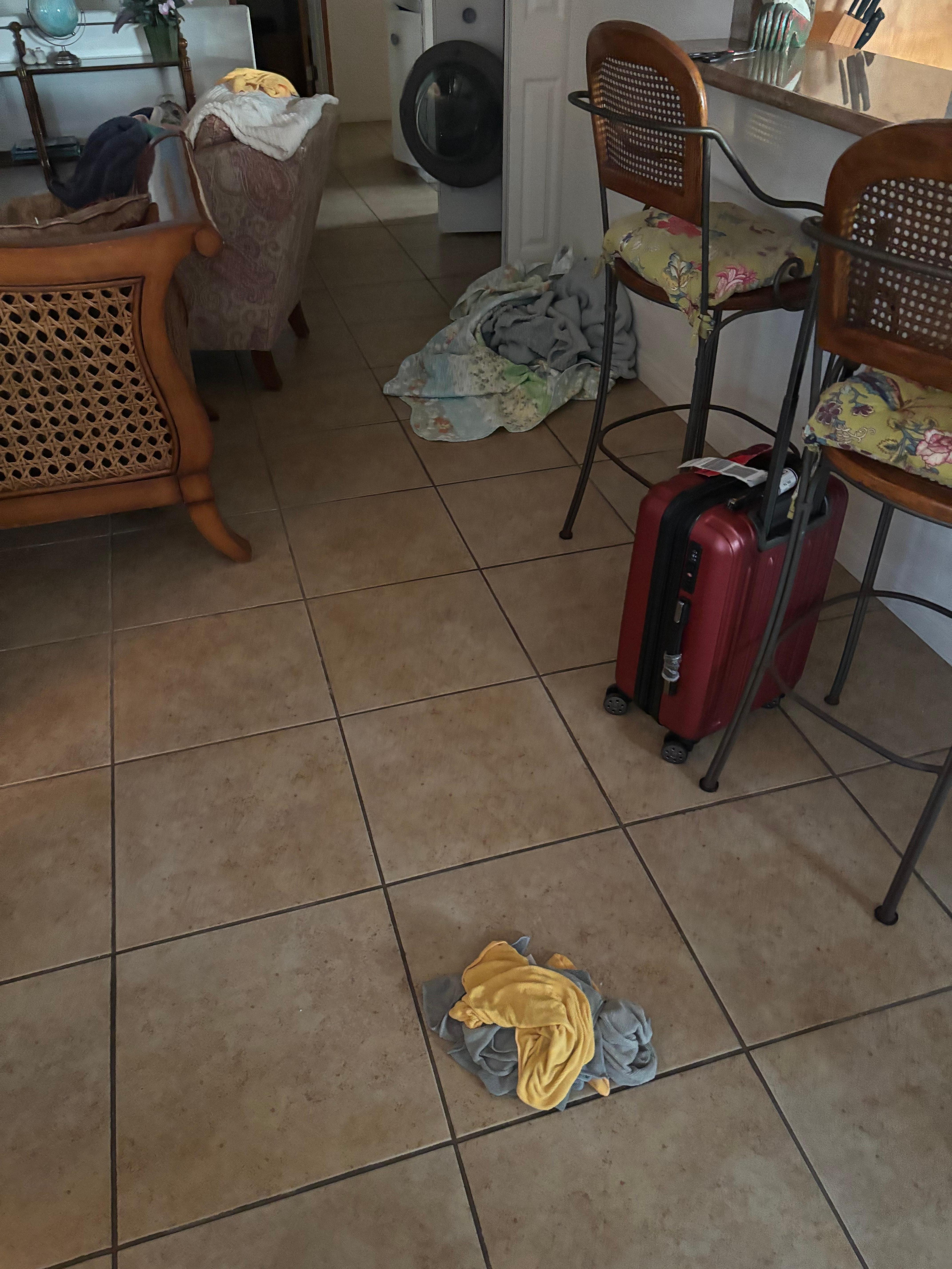 The living room my family and I walked into.  The beds had dirty sheets and un-made, the fridge had shaved hair pieces. And the room downstairs was open and had a foul smell, we bought candles.