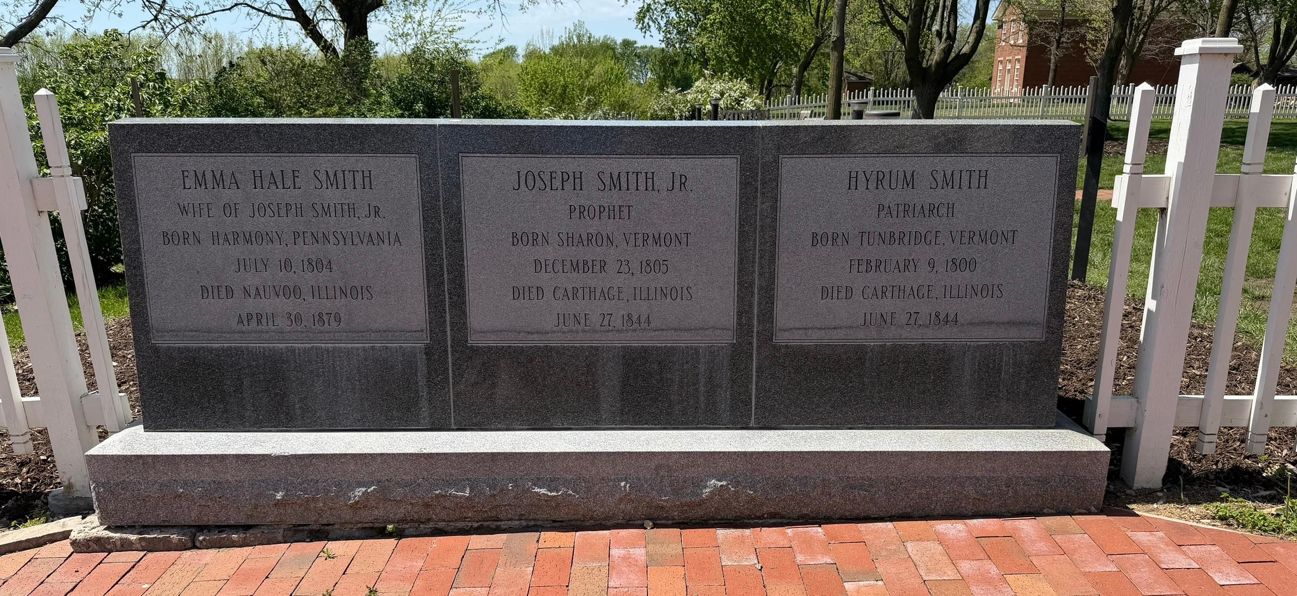 The headstones of Joseph, Emma and Hyrum Smith.