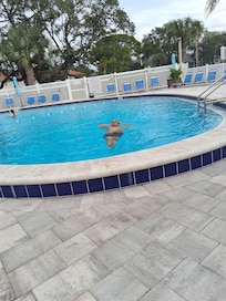 Husband is relaxing in the pool.