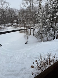 The perfect hill for sledding right off the patio in the back yard!