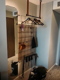 The only place to store/hang clothes and towels in the room.