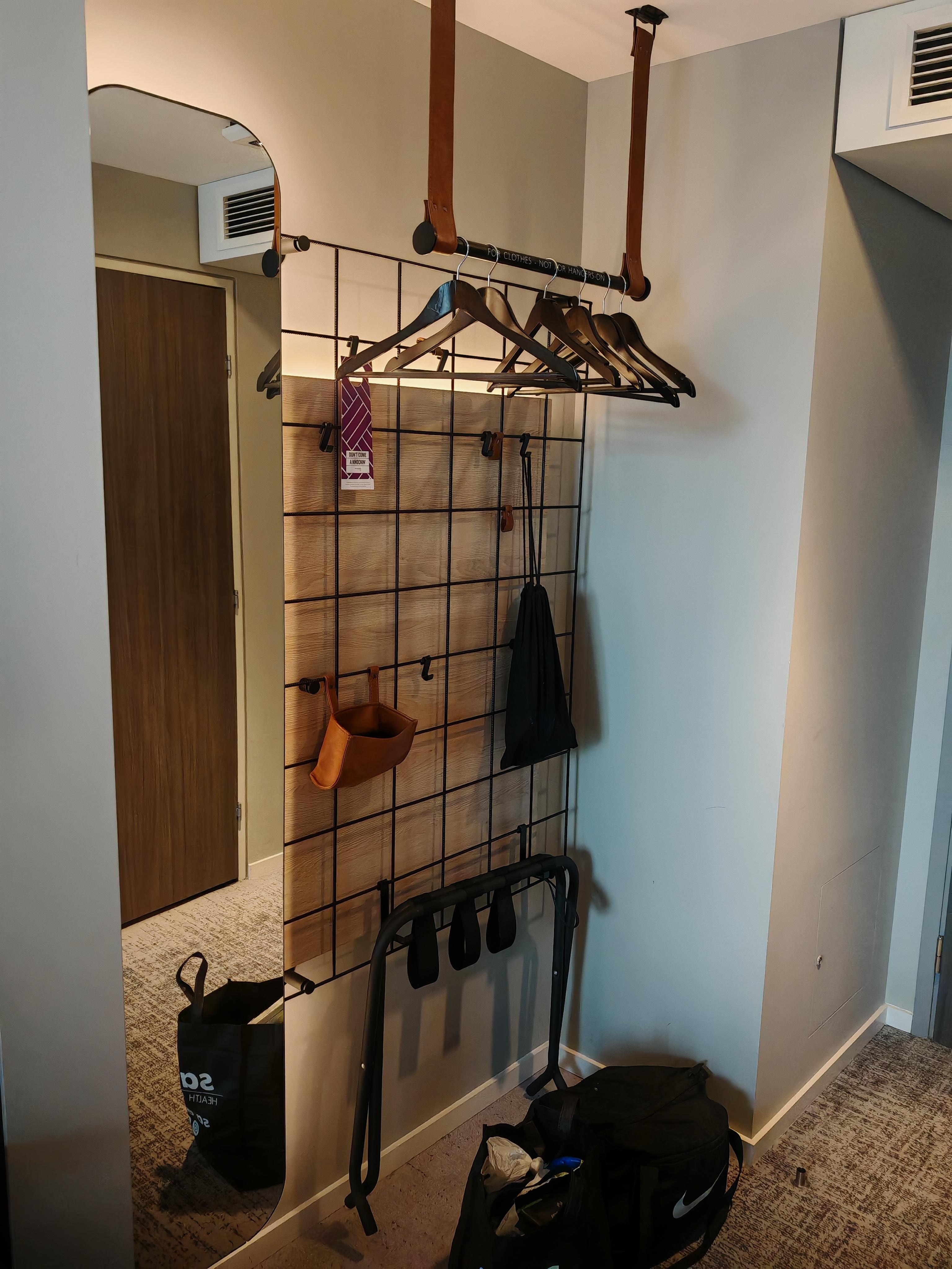 The only place to store/hang clothes and towels in the room.