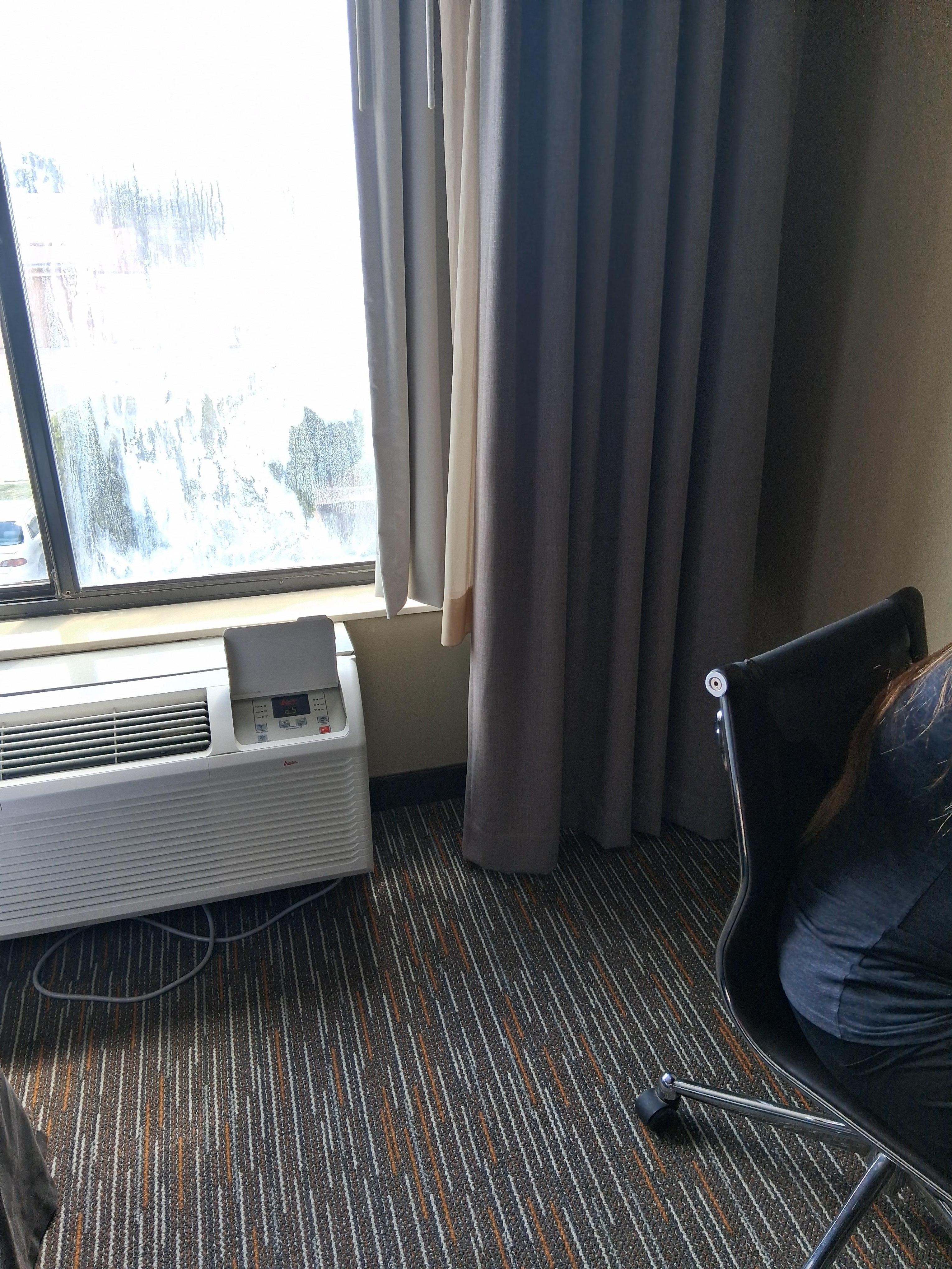 Broken window with something growing between the panes of glass blocking view.