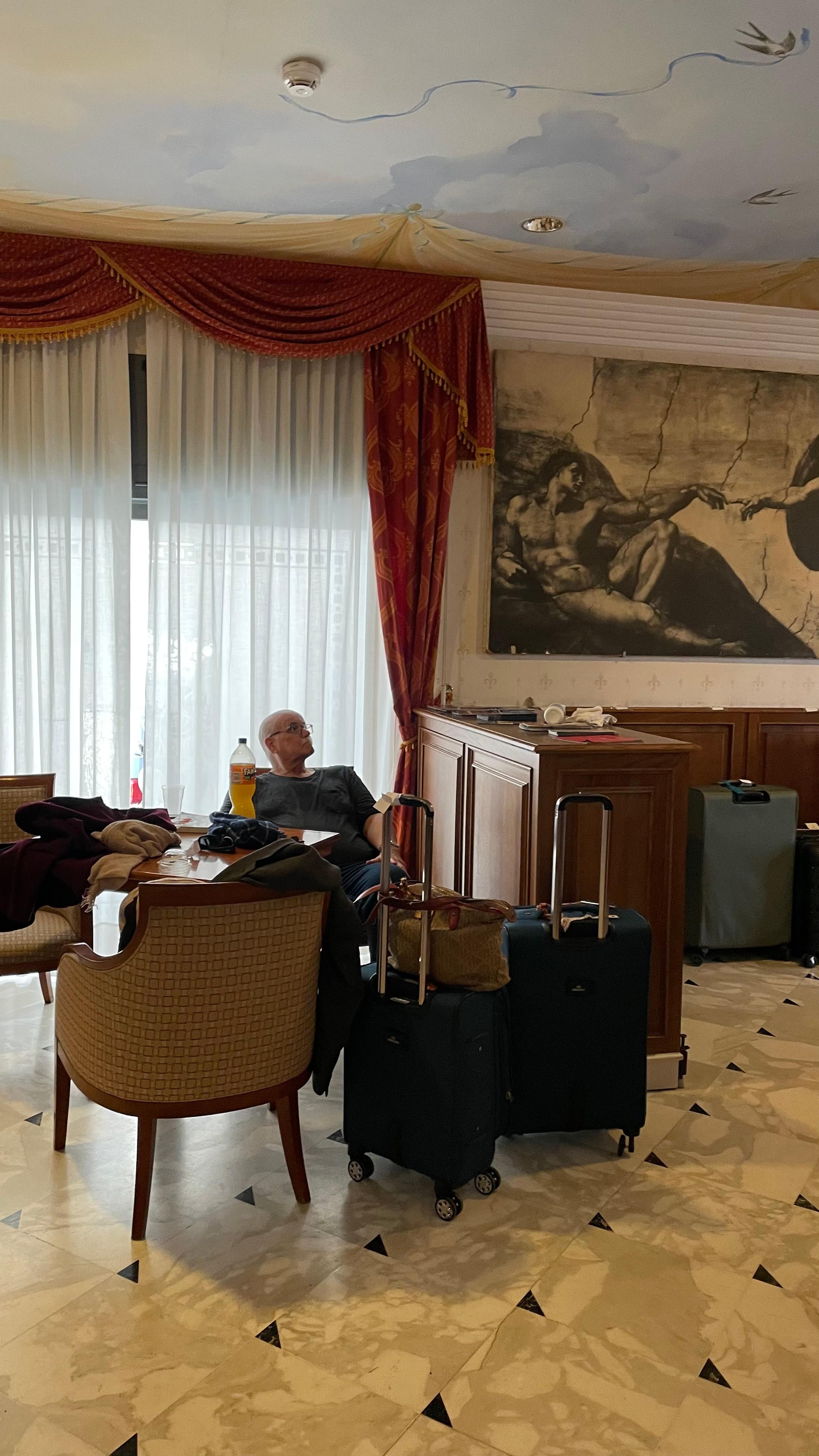 Relaxing in the hotel before our train trip to Rome