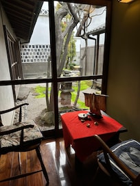 Beautiful lobby with tea and coffee station.