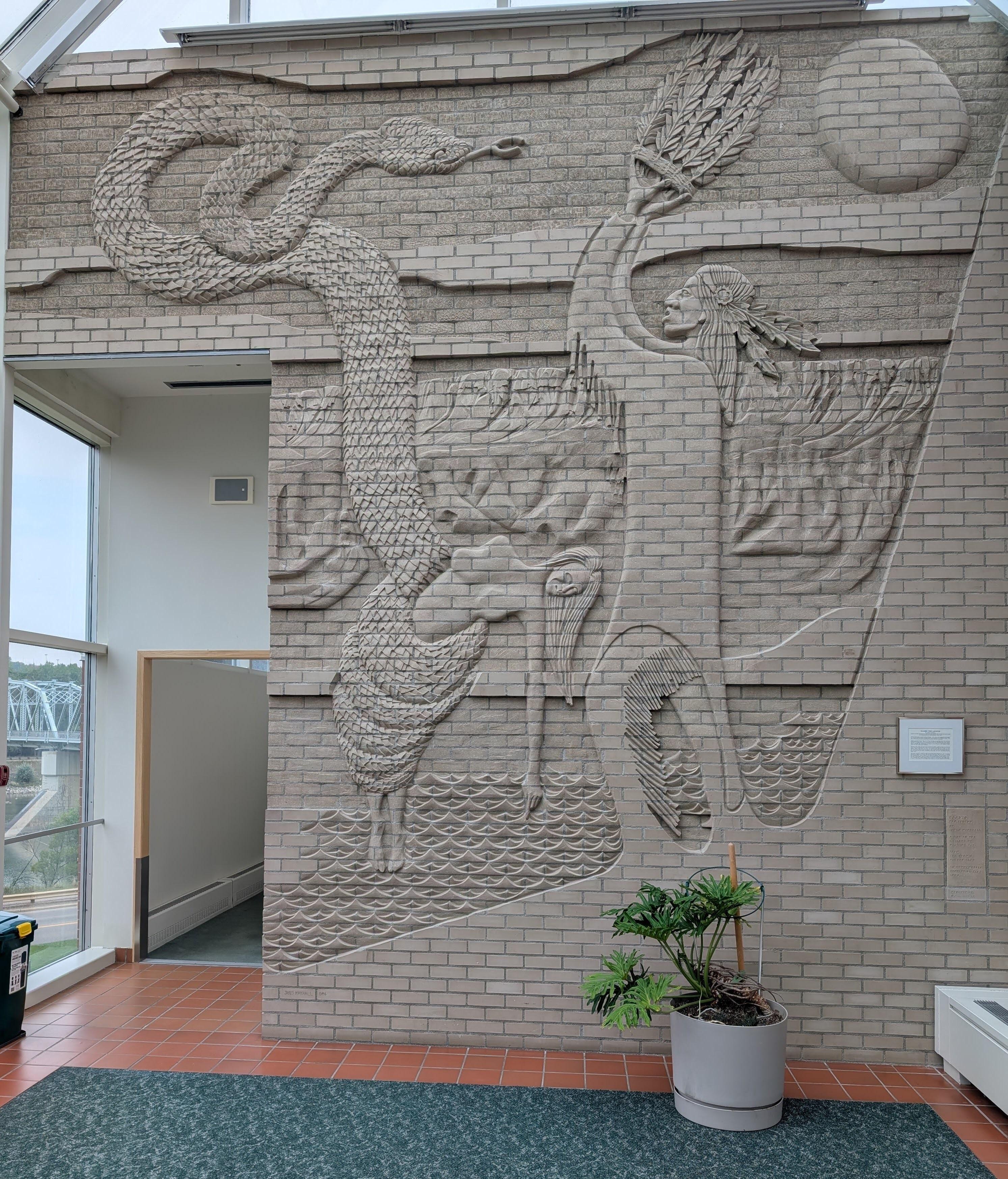 James Marshall mural at City Hall illustrating the story of how Medicine Hat got its name