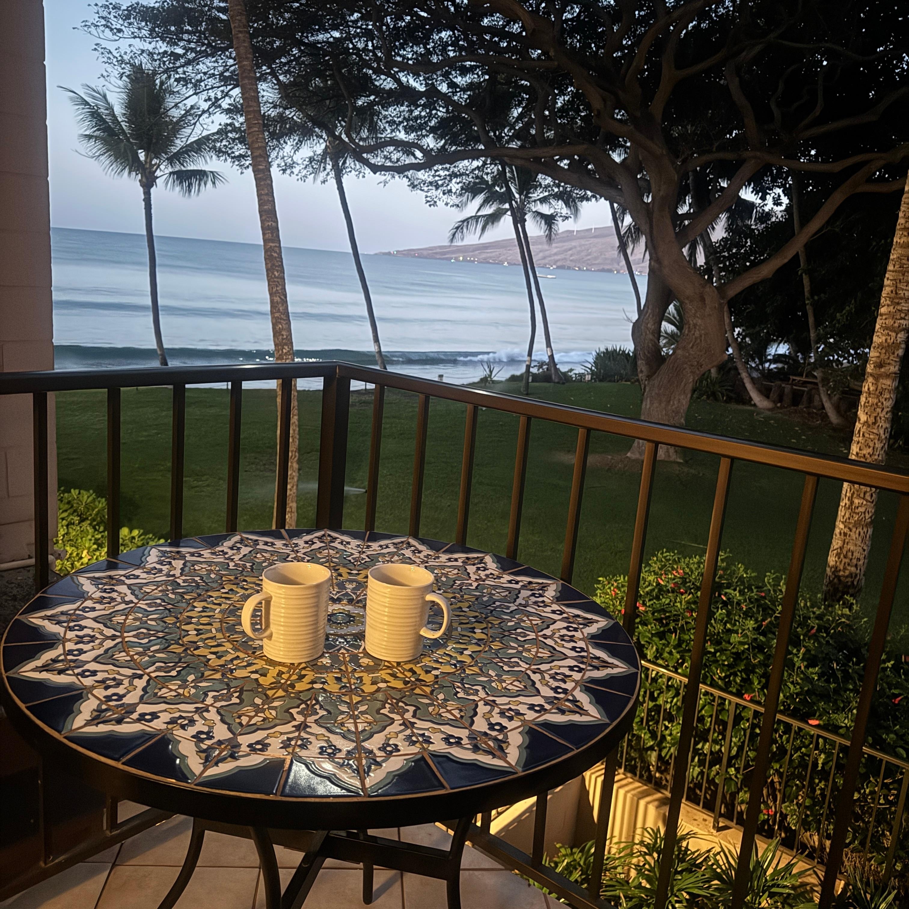 Morning coffee on the lanai - sheltered from the wind