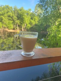 Relaxing morning, drinking coffee and watching the turtles and fish