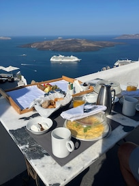 Amazing breakfast served on your veranda overlooking the Mediterranean.