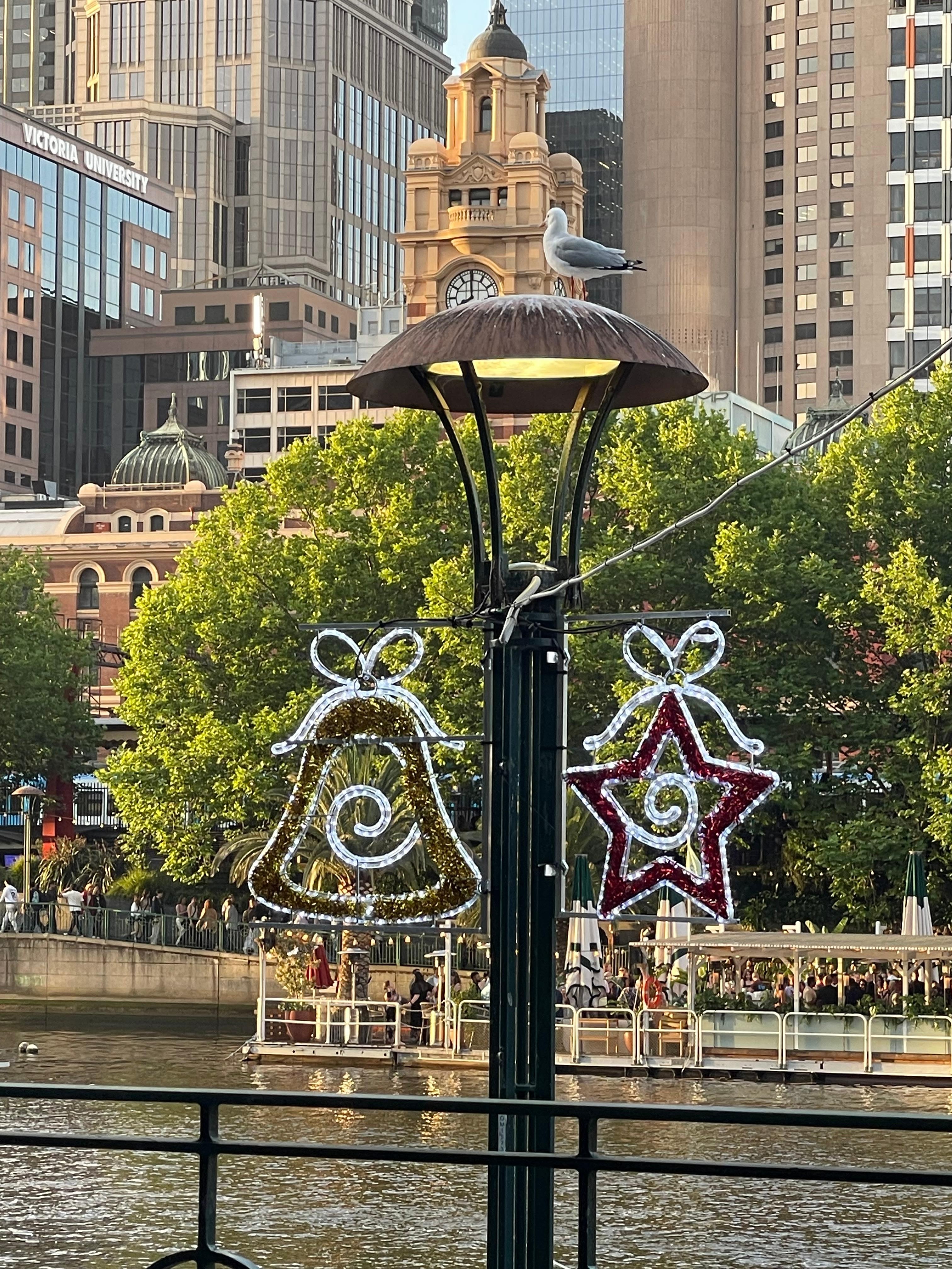 Christmas Decorations Southbank Walk, Yarra River, City buildings.