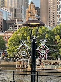 Christmas Decorations Southbank Walk, Yarra River, City buildings.